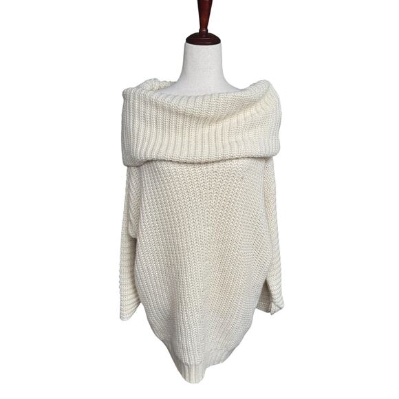 Umgee Chunky Rib Knit Cowl Boat Neck Drop Shoulder Sweater Dress Tunic S Cream - Picture 1 of 9